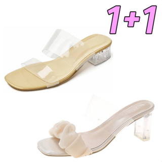 차쿠 1+1 크리스탈 통굽 PVC 투명 가보시 뮬 슬리퍼 프릴 투명 슬리퍼