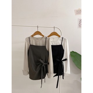 [세트] 젬츠 핀턱 허리끈 뷔스티에 긴팔 블라우스(2color)