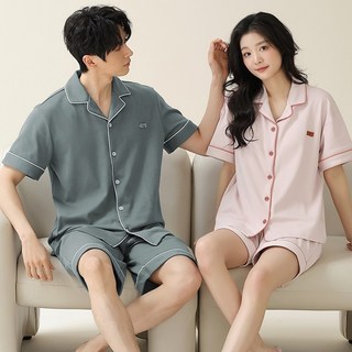 YANGTA 여름 순면 소프트 컴포트 반팔 잠옷 커플 홈웨어 상의와 하의