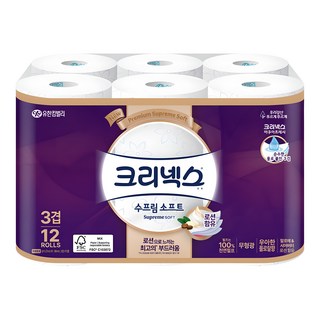 크리넥스 수프림 소프트 천연펄프 3겹 화장지, 27m, 12롤, 1개