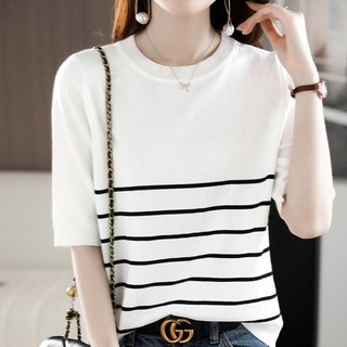 여성용 데일리 클래식 반소매 스트라이프 심플 베이직 단가라 라운드넥 아이스쿨 반팔 니트티 여름 스웨터