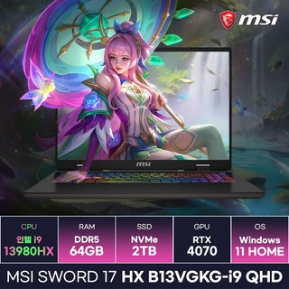 MSI 소드17 HX B13VGKG-i9 QHD 인텔 13세대 i9-13980HX RTX4070 17인치 고사양 작업용 게이밍노트북 (64GB/2TB/Win11) / KCJH