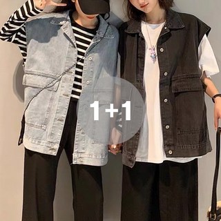 지디오 여성 오버핏 데님 베스트 포켓 조끼 민소매 청조끼 자켓