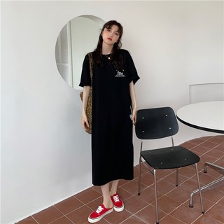POMTOR대형사이즈 여성용 순면 반팔 원피스 옆트임 루즈핏 롱 캐주얼 여름