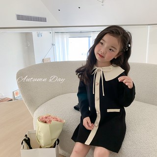 JS1980 여아 키즈 주니어 봄 가을 겨울 고퀄 카라넥 배색 긴팔 미디 롱 플레어 플리츠 울혼방 니트 원피스 드레스 치마 데일리 아동복