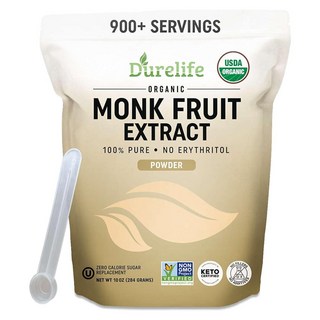 Durelife 유기농 100% 순수 몽크 과일 감미료 에리스리톨 없음 몽크프루트 추출물 파우더 USDA 유기농 NON-GMO 프로젝트 인증 케토 인증 OU 코셔 필러, 10 Ounce (Pack of 1), 1개