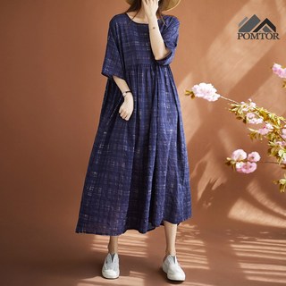 POMTOR 여름 루즈핏 라운드 원피스 반팔 여성 롱치마