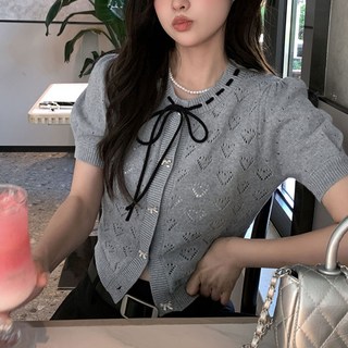 여성 반팔 니트 가디건 라운드넥 리본매듭 여름 가디건 H46147