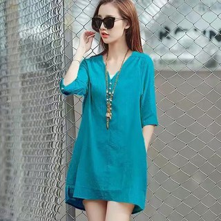 ROYALBELLE 여성 린넨 오버핏 브이넥 반팔 미니 원피스 캐주얼 데일리 5부소매 원피스 M0043011