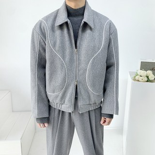 남자 겨울 투웨이 지퍼 울 모직 배색 파이핑 핀줄 카라 집업 블루종 패딩 자켓3color