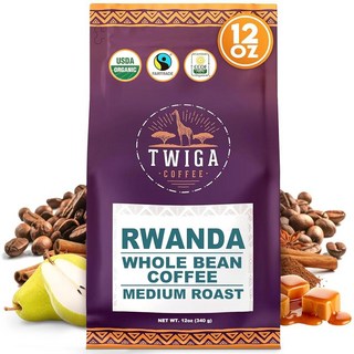 Twiga Coffee 르완다 커피 콩 - 유기농 미디엄 로스트 아라비카 원두 캐러멜 시나몬 시트러스 노트 단일 원산지 르완다산 신선한 355ml(12온스)151657, Rwanda, 355ml