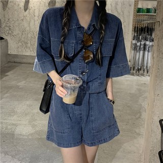 POMTOR 여성 여름 캐주얼 투피스 반팔 청청 셔츠 데님 반바지 세트