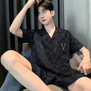 YANGTA 남성용 아이스 실크 파자마 여름 반팔 반바지 세트/ 체크 자카드 패턴 심플 홈웨어 (외출용 가능)