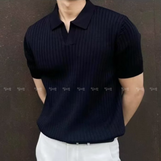 일이오 남자 오픈 카라 반팔 니트 티셔츠