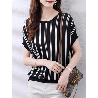 스트라이프 프린트 티셔츠 봄과 여름을 위한 캐주얼 반팔 크루넥 상의 여성 의류 TT023F521 스트라이프 프린트 티셔츠 봄과 여름을 위한 캐주얼 반팔 크루넥 상의 여성 의류 TT023F521