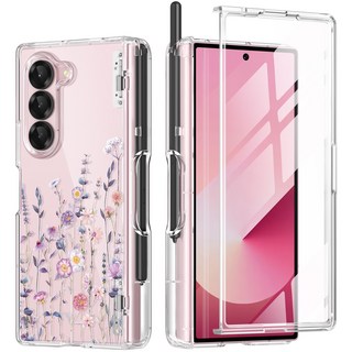 모보시 강화유리 전면 커버 S펜 수납 힌지보호 변색없는 슬림 투명 플라워 프린트 휴대폰 케이스