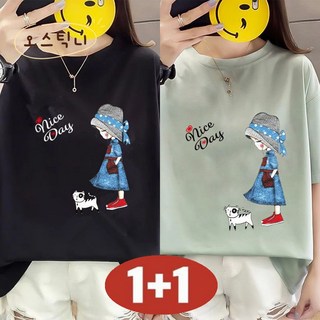 오스틱니150kg까지 빅사이즈 1+1 날씬해보이는 면100% 편한 프린트 반팔 티셔츠 여성 여름 라운드 루즈핏 영문 무지 레터링 오버사이즈 면티 데일리 반팔티티 세트