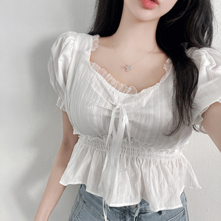 [허리잘록/시원한소재] 루비나 프릴 리본 크롭 여름 반팔 블라우스 (2color) 소개팅/데이트룩