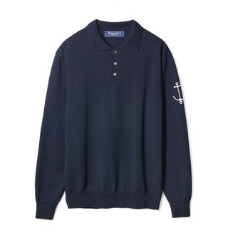 건지 울른스 Guernsey Woollens 코튼 긴팔 카라 니트 - 네이비