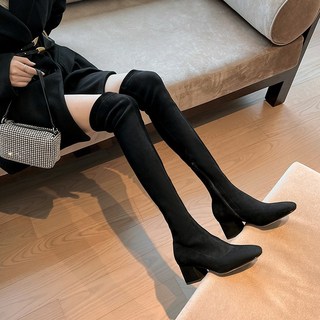 스웨이드 싸이하이 롱부츠 여성 기모 통굽 퍼포먼스핏 겨울 따뜻한 오버니 부츠