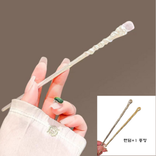 메탈실버 블루&핑크 스톤 포인트 비녀 택일 고전 한복 올림머리 쪽머리 비녀