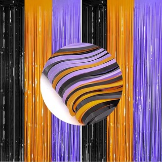 2피스 91.4 x 2.5m(3 x 8피트) 반짝이는 메탈릭 틴셀 포일 프린지 커튼 포토 부스 소품 약혼 브라이덜 샤워 처녀 베이비 샤워 처녀 휴일 축하 파티 장식, 오렌지 퍼플 블랙