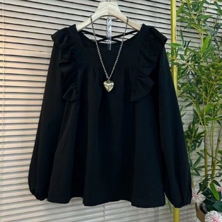 빅사이즈 여성용 시폰 블라우스 스퀘어넥 블라우스 옆트임 티셔츠 빅사이즈 쉬폰 긴팔 플라워 프렌치 리본 타이 사이드 셔링 자외선 차단 프릴 디자인