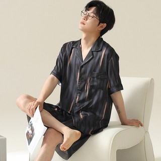 YANGTA 남자 여름 냉감 통기성 잠옷 실크 감촉 빅사이즈 홈웨어 상하의 세트 B1