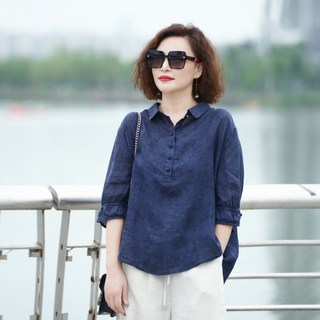 여성 100% 리얼 면린넨 봄 여름 내추럴 패션 빅사이즈 벌룬 소매 칠부소매 라운드넥 블라우스 셔츠 / 통기성 탁월 부드러운 탄력감 남방 스타일