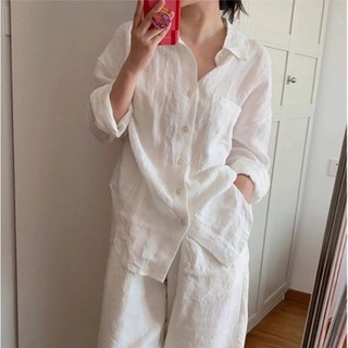 AOKADA 여자 린넨 박시핏 루즈핏 바캉스 레저 긴팔 남방 셔츠 블라우스