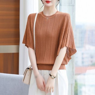 ROYALBELLE 여성 레이온 가오리소매 라운드넥 티셔츠 루즈핏 니트 반팔 티 M0041908