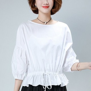 WANGBAIWAN 여성 밑단 셔링 디자인 라운드넥 반팔 셔츠 우아한 심플 단색 순면 7부 블라우스 S63011