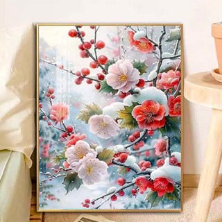 겨울 꽃과 눈풍경 매화 3D 보석십자수 캔버스형 DIY 세트 예술 작품 창작 활동 스트레스 해소 방 꾸미기 선물용 초급 취미생활 창의력 개발 집중 훈련 아름다운 작품 꾸미기, 40*50cm (액자 포함), 1개