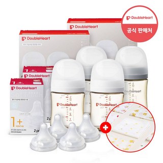 더블하트 모유실감 3세대 PPSU 젖병 트윈팩 1+1(베이직+모먼트)+젖꼭지 4개+손수건증정, 1세트, 160ml, 제뉴인화이트+새벽그레이+젖꼭지S