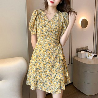 POMTOR 여름 여성 슬림 원피스 브이넥 허리 플라워 반팔 원피스