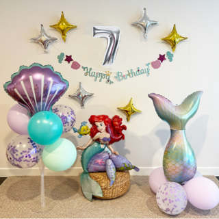 공주풍선 인어공주 생일파티세트 앉아있는 애리얼, 실버숫자 7, 1세트