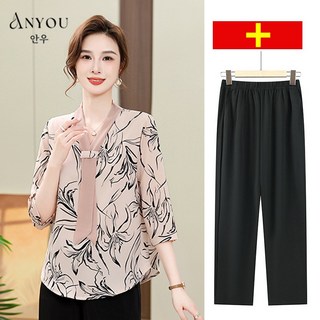 ANYOU 여성 블라우스 세트 투피스 하계 엄마 블라우스 V넥 타이 블라우스