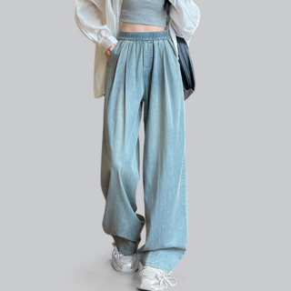 Caramella 여성 쿨핏 빈티지 워싱 데님 투주름 와이드 밴딩팬츠