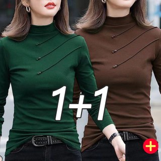 1+1 가을겨울 슬림핏 기모 반목티 티셔츠 상의 여성긴팔티 풀오버 빅사이즈 스판 이너티