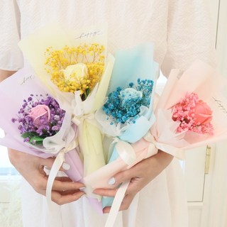 러브 한송이 비누장미 생화 안개프리저브드 꽃다발 4Color, 블루