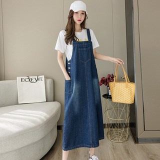 CBHV 여성 데님 멜빵 원피스 빅사이즈 박시 포켓 트임 캐주얼 롱 원피스