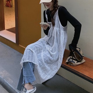 POMTOR 여성 여름 레이어드 레이스 나시 롱 원피스