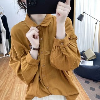 쌍천 면 린넨 벌룬 셔츠 여 긴팔 톱 셔츠 Y25081201