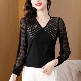 춘게엘 (XL~6XL) 여성 빅사이즈 겨울 브이넥 블라우스 기모 시스루 긴팔 셔츠 핫픽스 슬림핏 상의 dng606