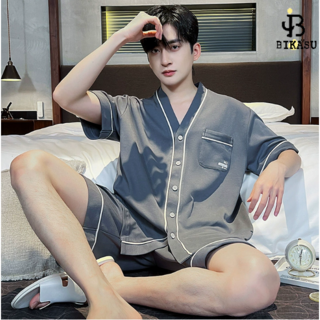 BIKASU 남성 순면 잠옷 상하의 세트 반팔 모던 홈웨어 소프트 면 파자마