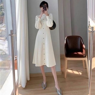 벌룬 골지 슬림 봄 가을 플레어 니트 미디 원피스