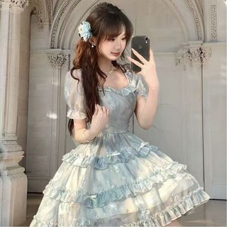 해피유통 여름 여성 공주 스타일 레이스 원피스 플라워 프린트 러플 드레스 청소년용 mgy