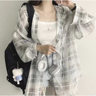 즈니마켓 루즈핏 햇빛차단 가벼운 체크 후드 셔츠