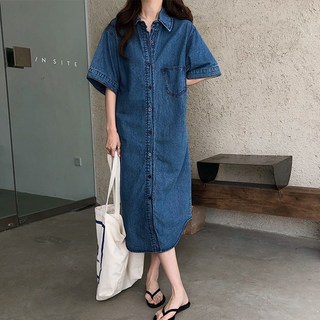크레스티 여성 루즈핏 반팔 카라 데님 원피스 롱 빈티지 포켓 청원피스