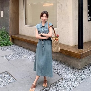 옷깔난다 롱기장 카라 허리라인 슬림핏 반팔 데님 원피스 플립원피스